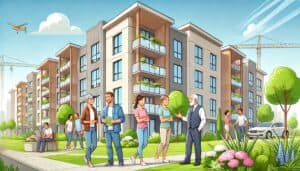 A feature image depicting a landlord increasing rent in a modern apartment building with happy tenants outside showing a well-maintained property