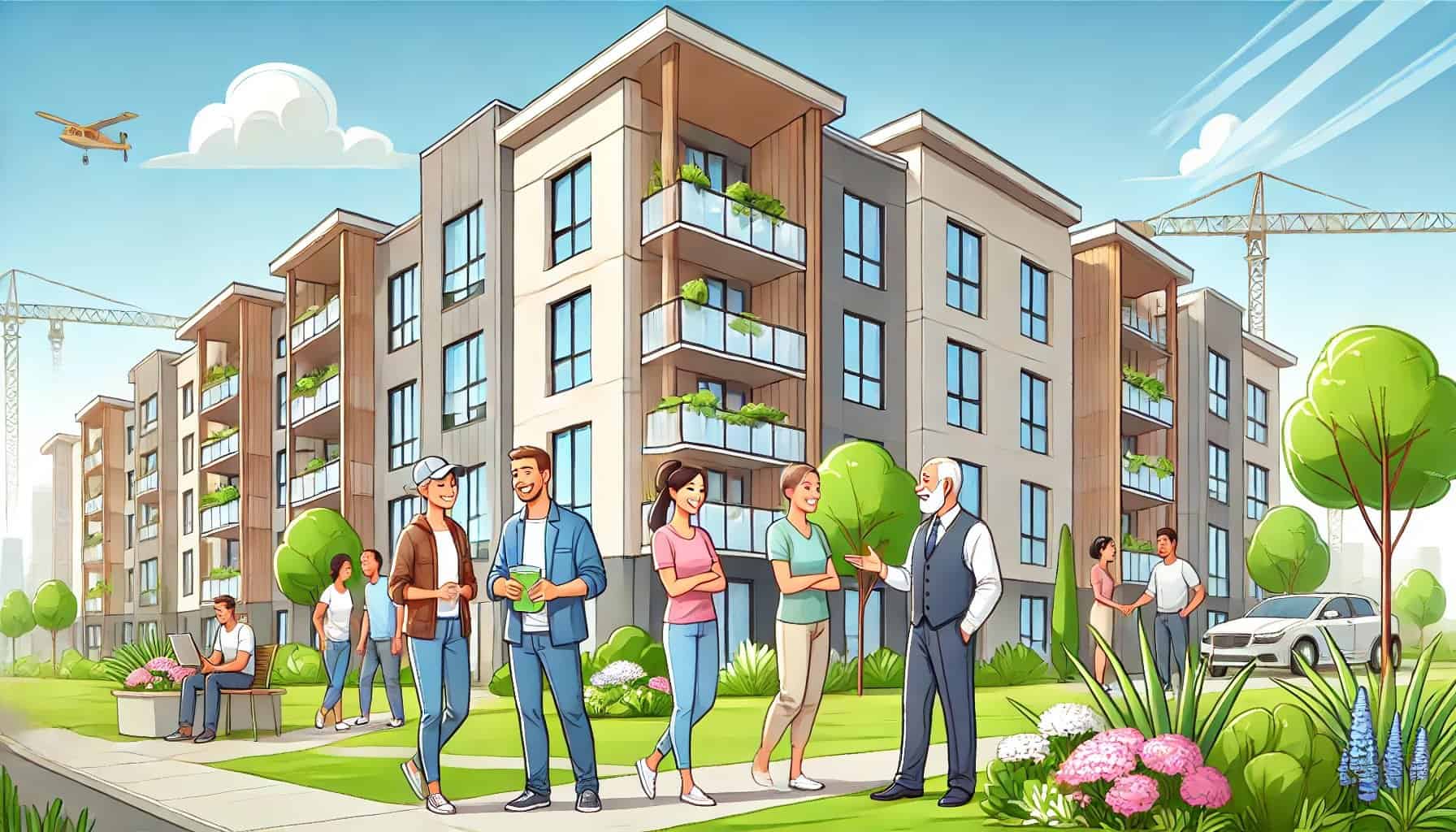A feature image depicting a landlord increasing rent in a modern apartment building with happy tenants outside showing a well-maintained property A feature image depicting a landlord increasing rent in a modern apartment building with happy tenants outside showing a well-maintained property