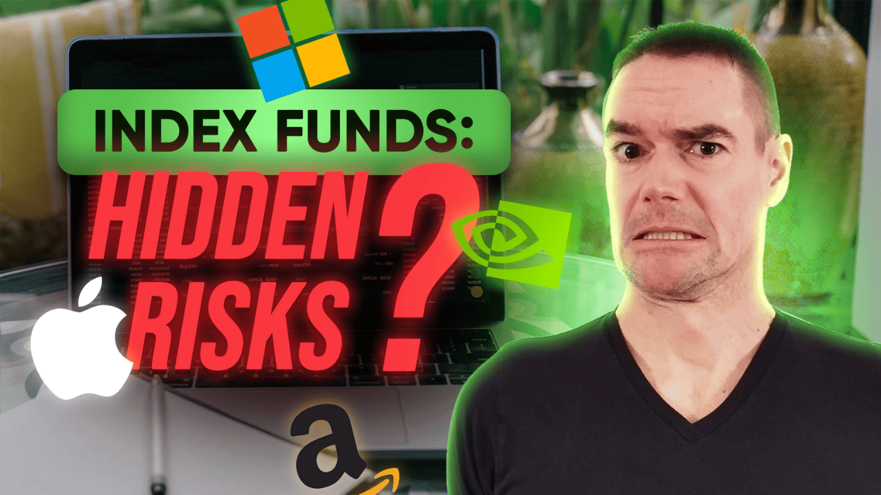 an image depicting a person with an expression of discomfort or disbelief, with text index funds hidden risk in the background