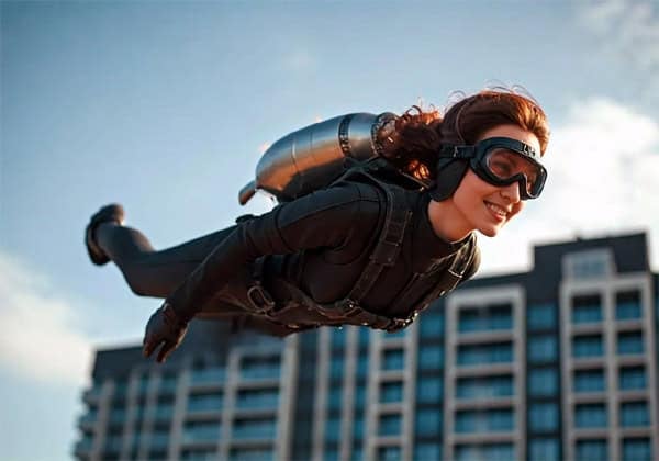 Real estate investor flying with a jet pack